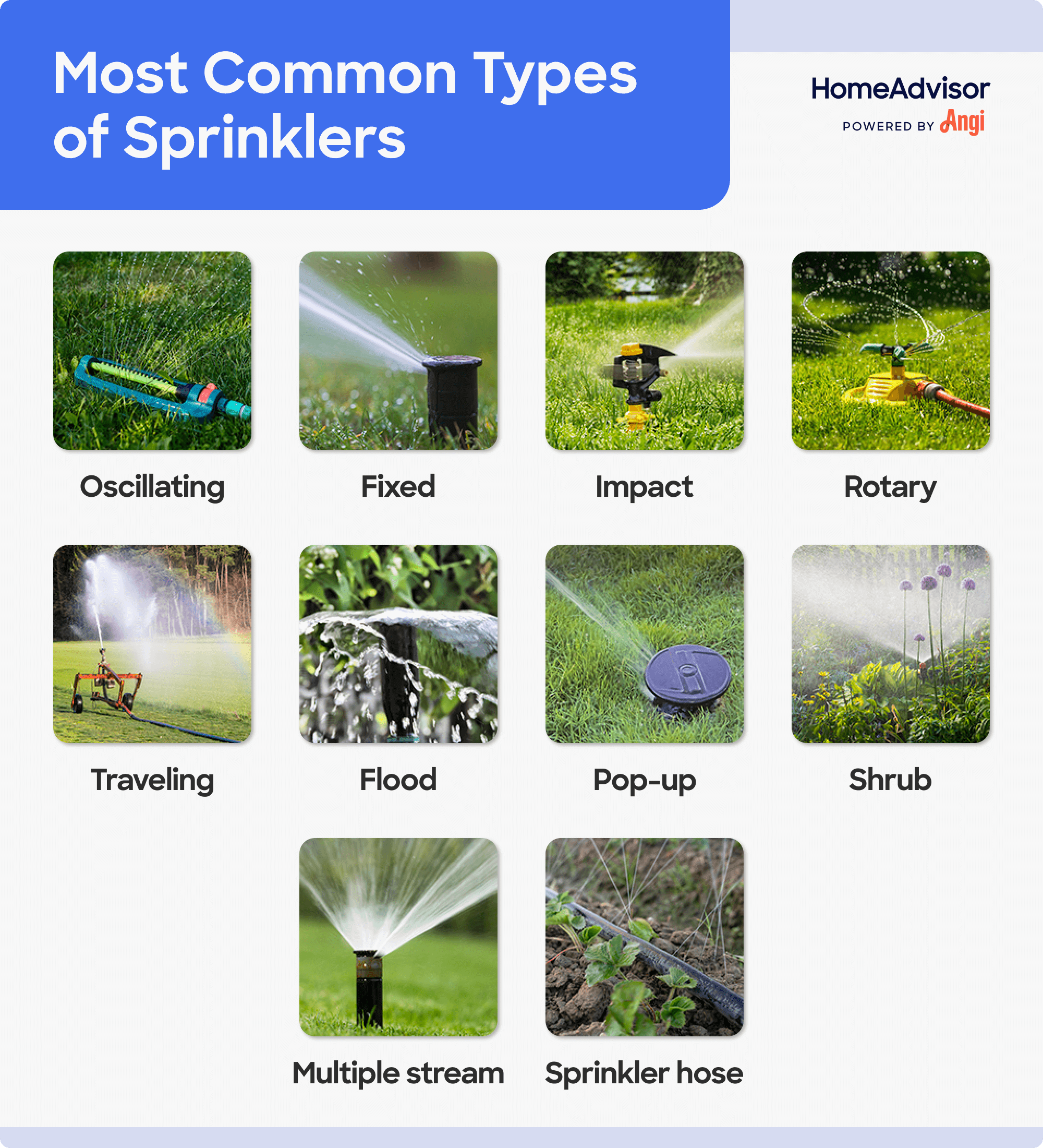 10 most common sprinkler types compared visually, including oscillating, fixed, and impact
